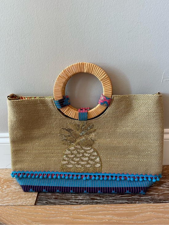 America & Beyond Handbags - America & Beyond jute tote features a sequin pineapple motif wooden handles